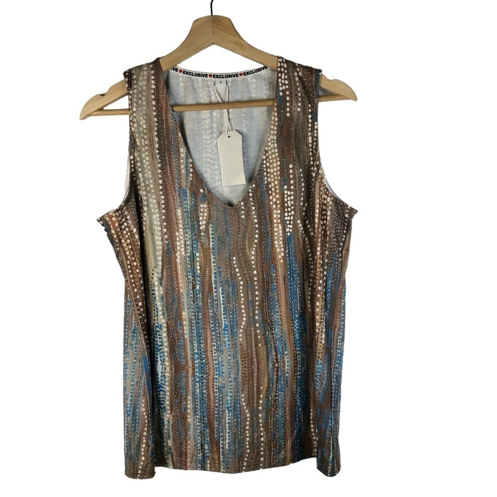 Boutique Brown & Blue Dot Printed V-Neck Tank‎ Top L